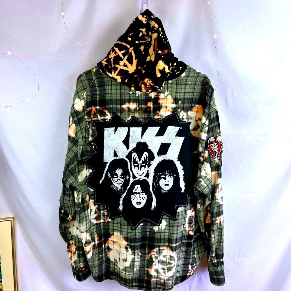 UPCYCLED Flannel Shirt Mens 2X KISS Band Tee Patch Goth Rockabilly Hoodie Punk